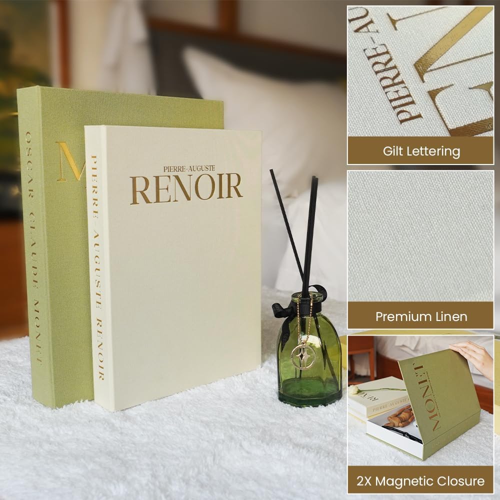 Aesthetic Decorative Books - Set of 2 Linen Fake Books Enhance Your Coffee Table, Home Decor, Living Room, Bookshelf or Mantle Decor, Modern Stackable Faux Book Photo Storage and as a Keepsake Box