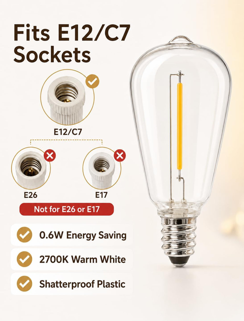 Abeja 25 Pack ST38 LED Replacement Bulbs, E12 0.6W Shatterproof Bulbs