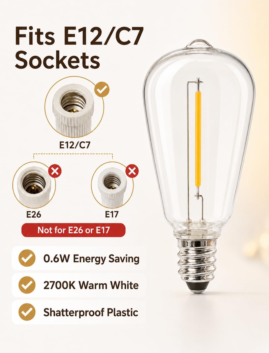 Abeja 25 Pack ST38 LED Replacement Bulbs, E12 0.6W Shatterproof Bulbs