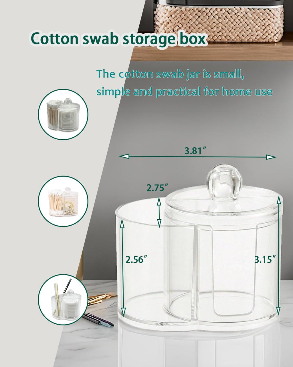 2-in-1 Cotton Swab and Cotton Round Holder with Lid, Clear