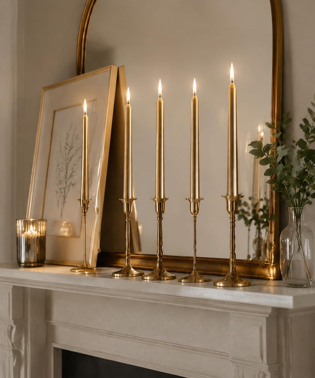 Champagne Gold Taper Candles 10 Inch, 12 Pack Metallic Unscented
