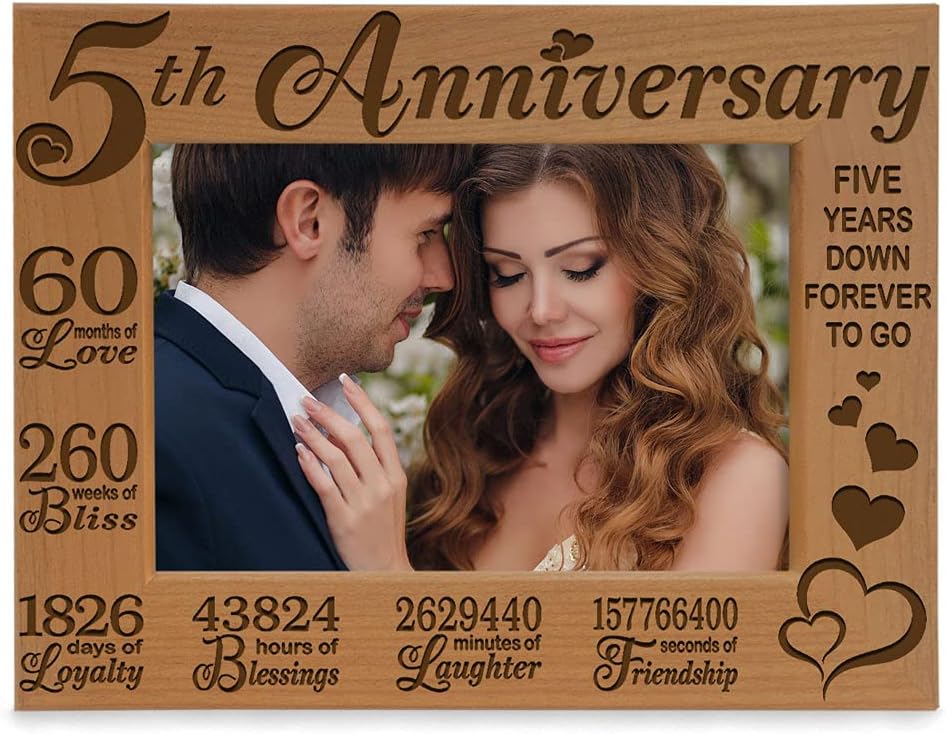 KATE POSH 5th Anniversary Engraved Natural Wood Picture Frame and Gifts, 5th Wood Wedding Anniversary (5x7-Horizontal)