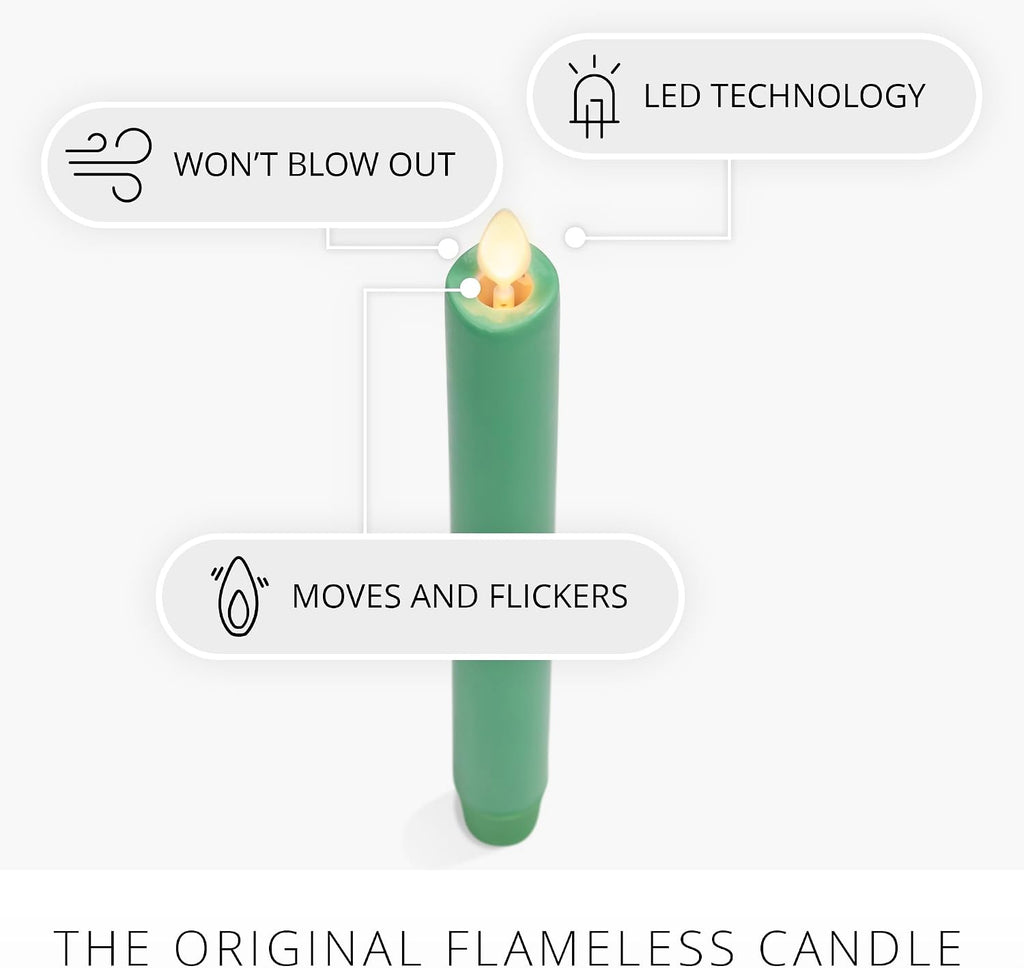 Luminara Flameless Candle Taper (1" x 9.5") Melted Top Real Wax Unscented Remote Ready Timer (Vibrant Green)