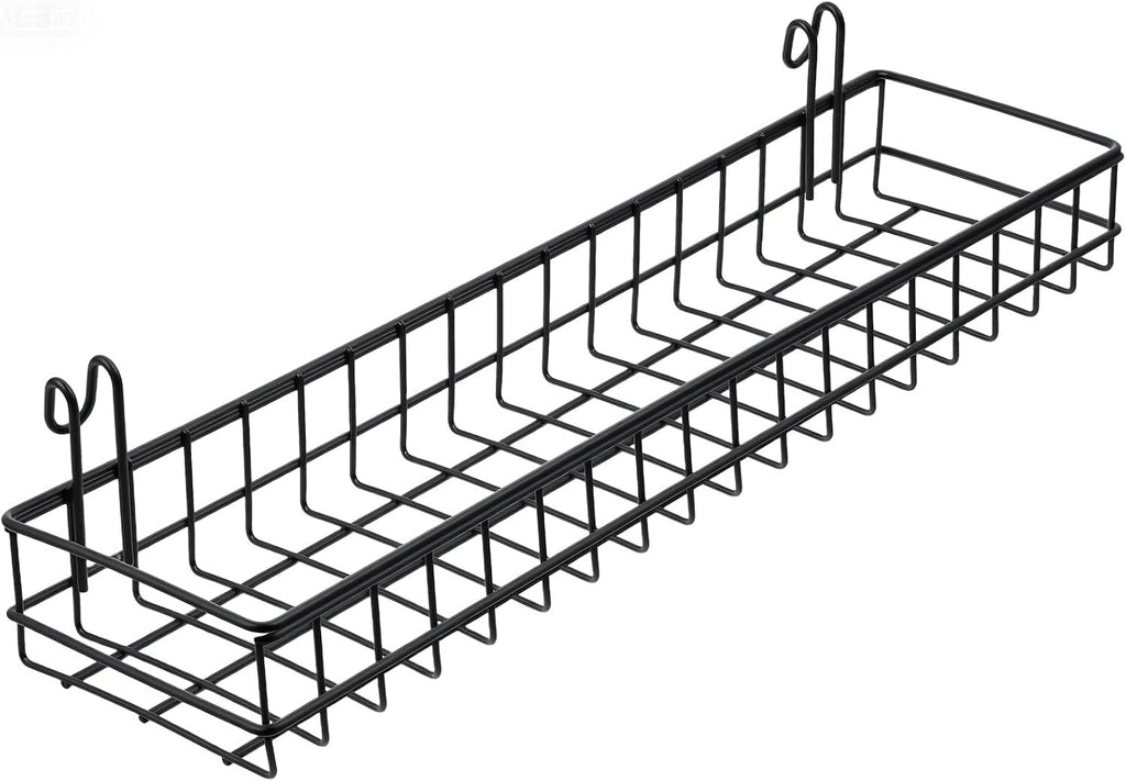 4 Pcs Black Metal Grid Wall Baskets with Hooks, Hanging Wire Storage Organizer Shelf for Kitchen Bathroom Office, 15.75 x 3.94 x 1.97 Inch