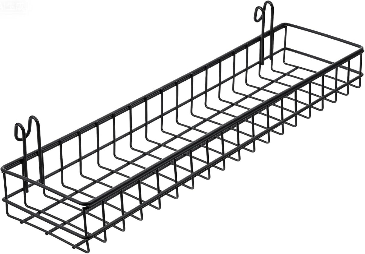 4 Pcs Black Metal Grid Wall Baskets with Hooks, Hanging Wire Storage Organizer Shelf for Kitchen Bathroom Office, 15.75 x 3.94 x 1.97 Inch