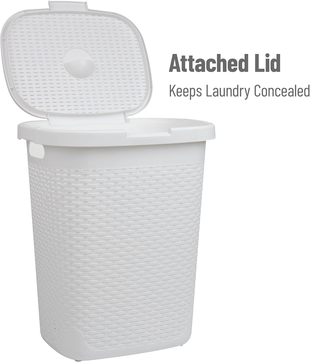 Mind Reader Slim Laundry Hamper with Lid, 50L Clothes Basket, Premium Wicker Design, Plastic, White