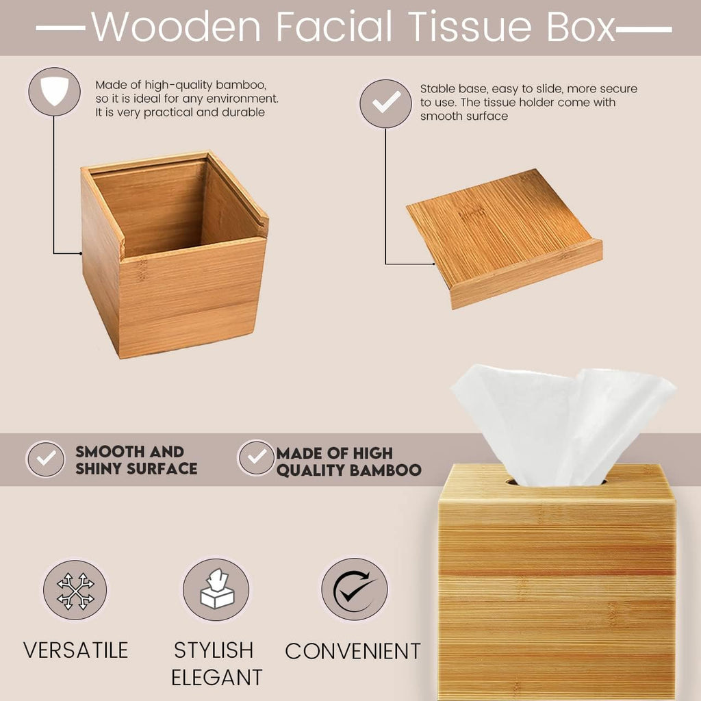 Performore Square Bamboo Tissue Box Cover, Water-Resistant Wood