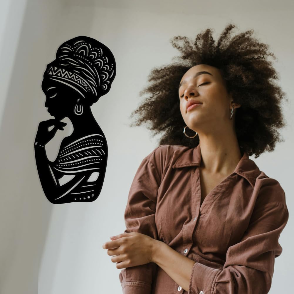 NBEADS Africa Woman Art Wall Decor, 11x5inch Iron Modern Wall Decor Female Home Hanging Drawing Wall Art Metal Wall Sculptures for Bedroom Living Room Black