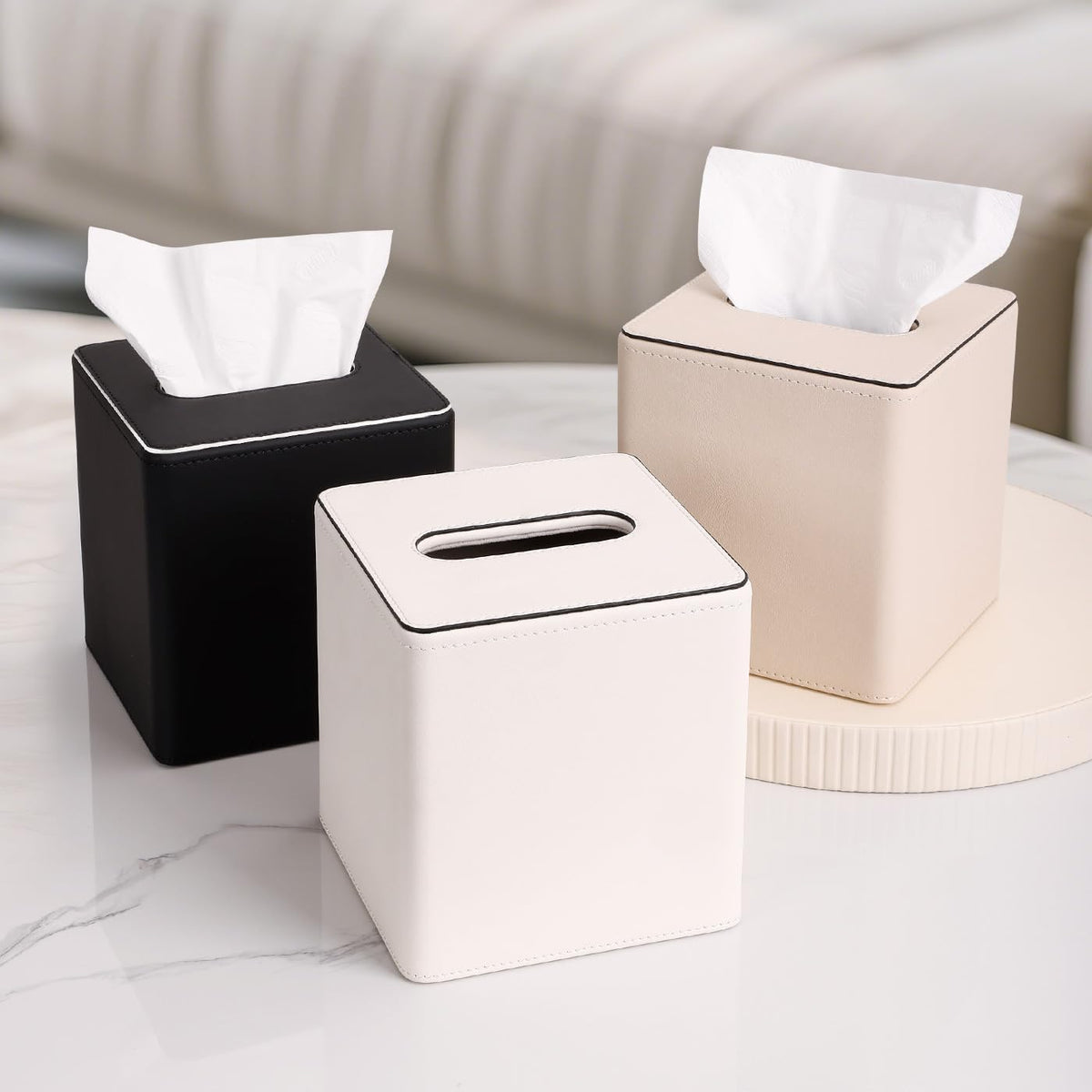 KINGFOM Leather Tissue Box Cover – Square Modern PU Leather Tissue Holder, Cube Tissue Dispenser for Home, Office, Bedroom, Bathroom – Elegant Minimalist Style (Ivory White-Square)