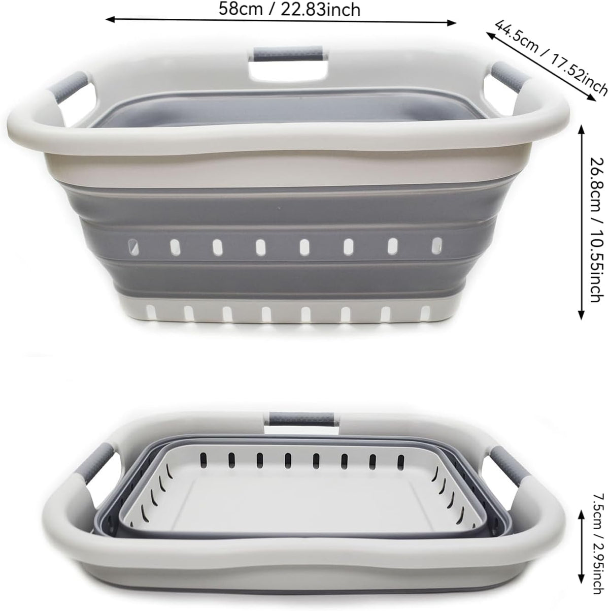 SAMMART 41L Collapsible 3 Handled Plastic Laundry Basket - Foldable Pop Up Storage Container/Organizer - Portable Basket - Space Saving Hamper/Basket (3 handled rectangular, Grey/Dark Grey)