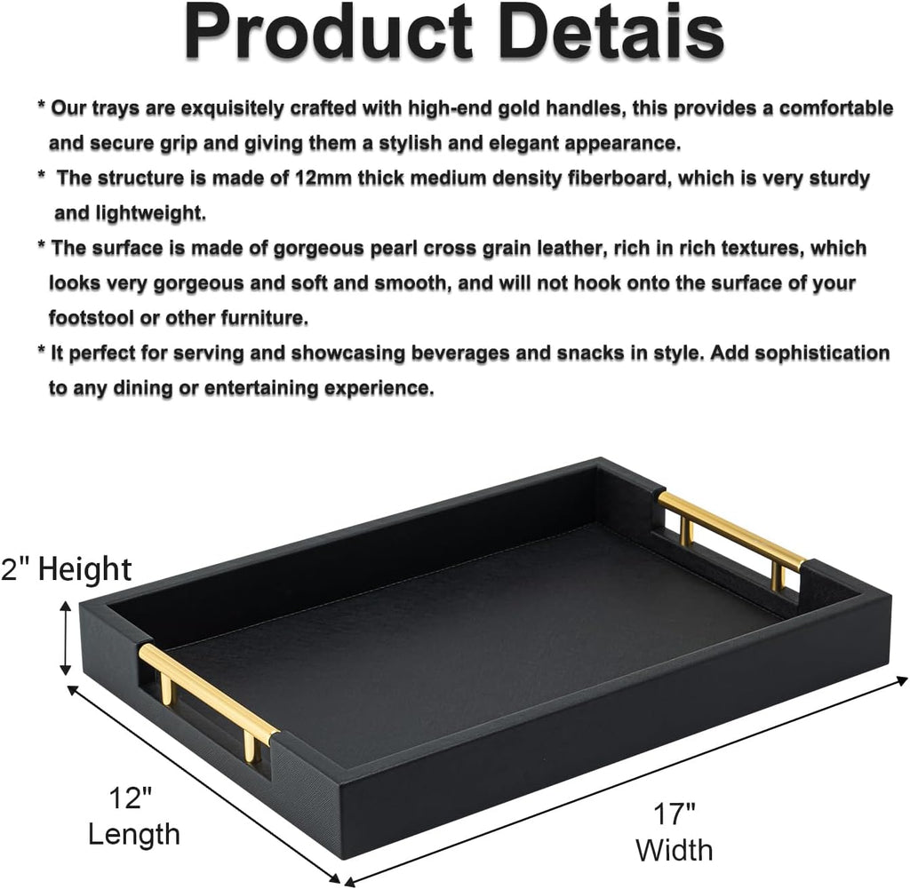 Black Rectangle Serving Tray with Gold Handles for Party,Large Wood Decorative Tray for Ottoman,Faux Leather Coffee Table Tray Decor