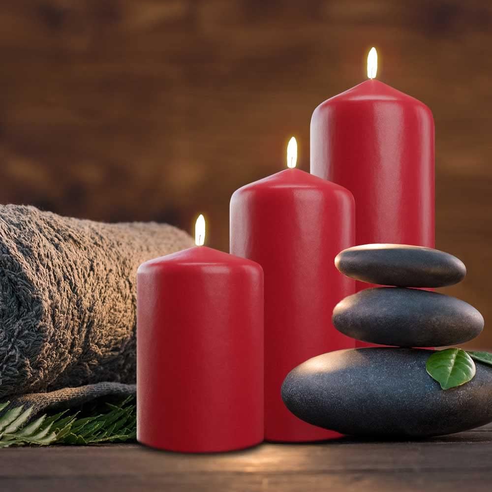 Bask Cone Top Pillar Candles - Elegant Red Candles - Set of 3 Red Pillar Candles - 3"x4", 3"x6", and 3" x8 - Smokeless and Dripless Decorative Candles for Home Decor and Relaxation