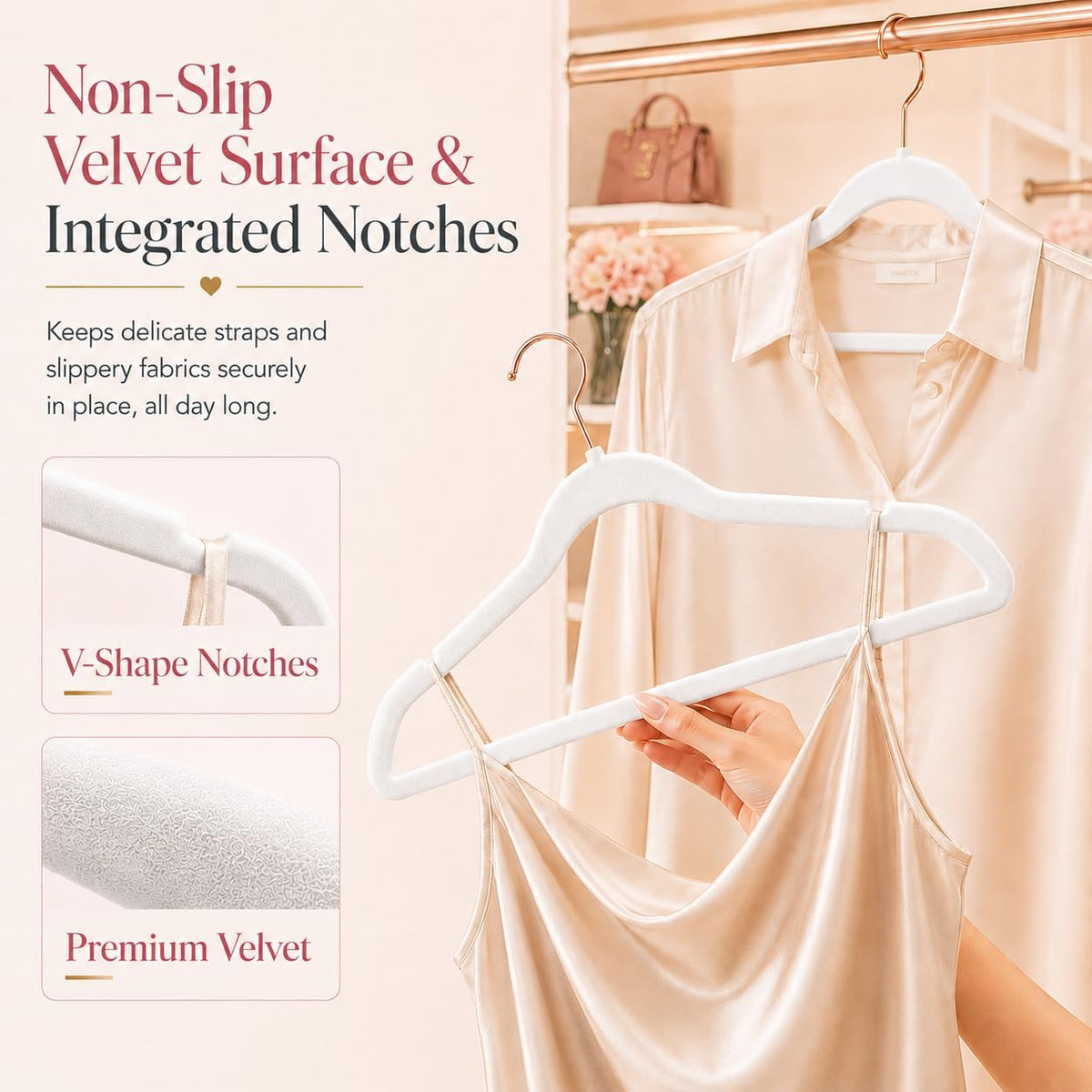 Smartor White Velvet Hangers 50 Pack, Non Slip Rose Gold Hook Felt Hangers
