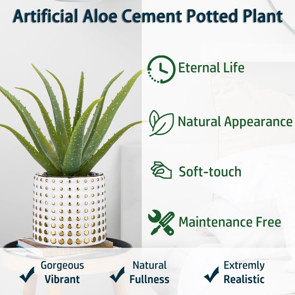 GnFlus Artificial Succulent Aloe Plants 14.2 Inch Large Faux Succulents with Ceramic Pot Fake Aloe Potted Plant for Home Indoor Bathroom Table Bedroom Shelf Office Decor