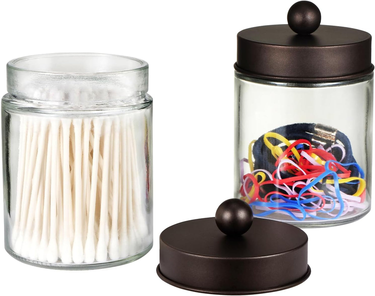 SheeChung 4 Pack Glass Qtip Holder with Bronze Stainless Steel Lids