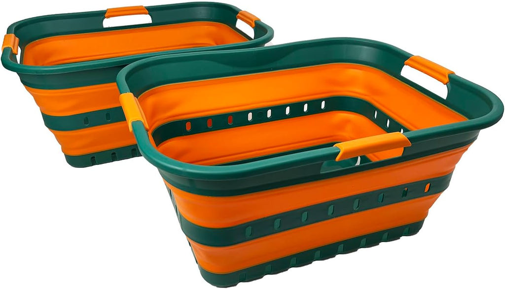 SAMMART 42L (11 gallons) Set of 2 Plastic Foldable Storage Basket/Container - Collapsible, Space Saving and Portable Laundry Hamper, Ideal for Home, Travel, Dorm (2, Teal Green/Autumn leaf)