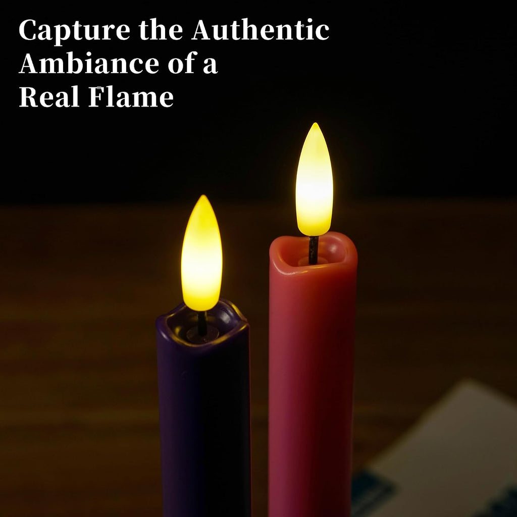 Stmarry Flameless Advent Candles, Set of 4 - Flickering LED Flame, 10 Inch Taper Candlesticks, Remote Controlled, Purple and Pink Color for Christmas Wreath