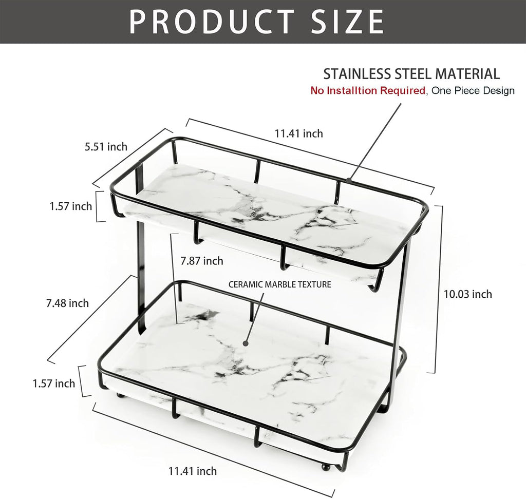 Bathroom Organizer Countertop Perfume Organizer Makeup Organizer Cosmetics Storage Display Rack Vanity Tray Dresser Stainless Steel Gold Shelf White Marble Ceramic Tray (2 Tier L-Black)