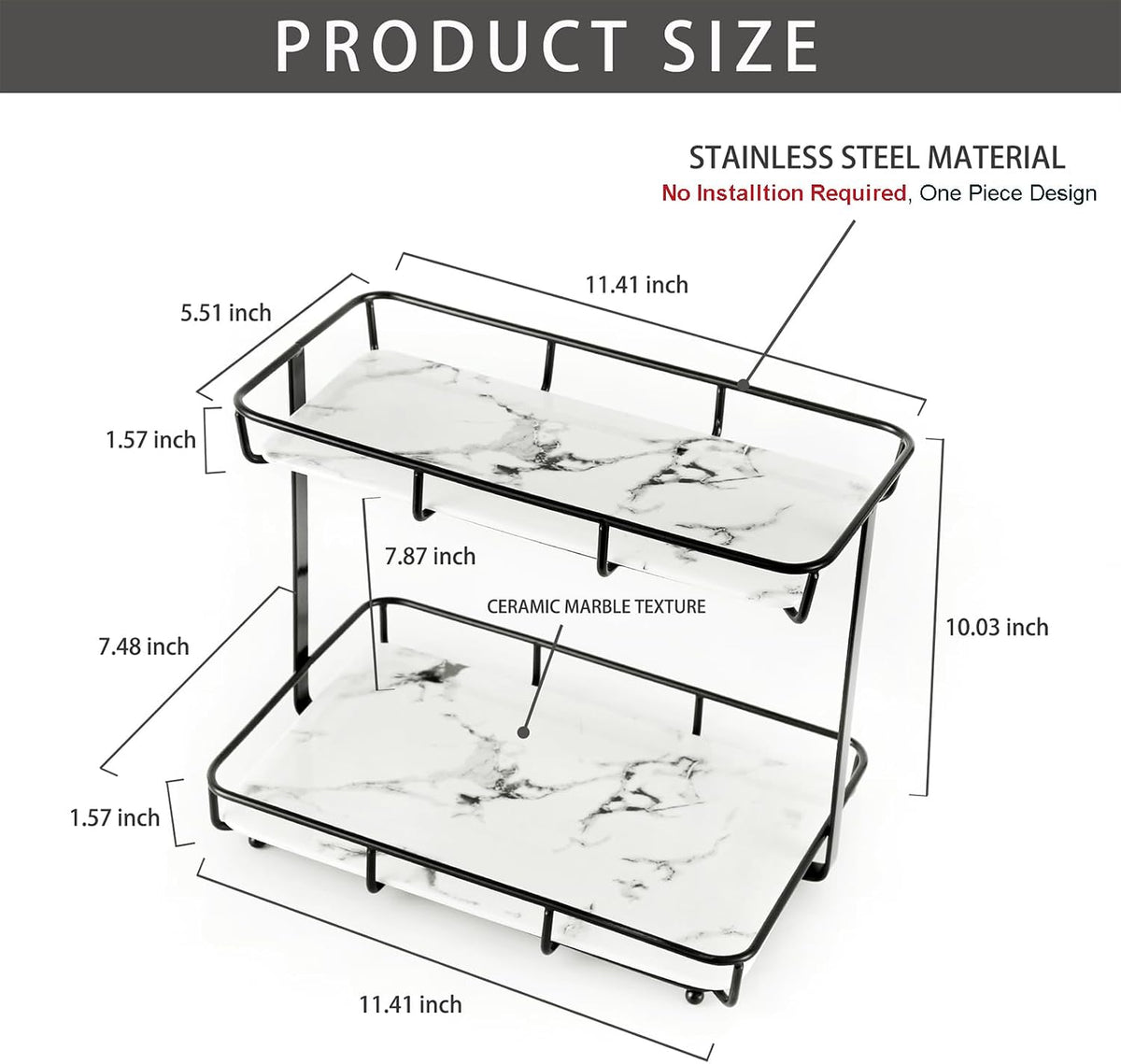 Bathroom Organizer Countertop Perfume Organizer Makeup Organizer Cosmetics Storage Display Rack Vanity Tray Dresser Stainless Steel Gold Shelf White Marble Ceramic Tray (2 Tier L-Black)