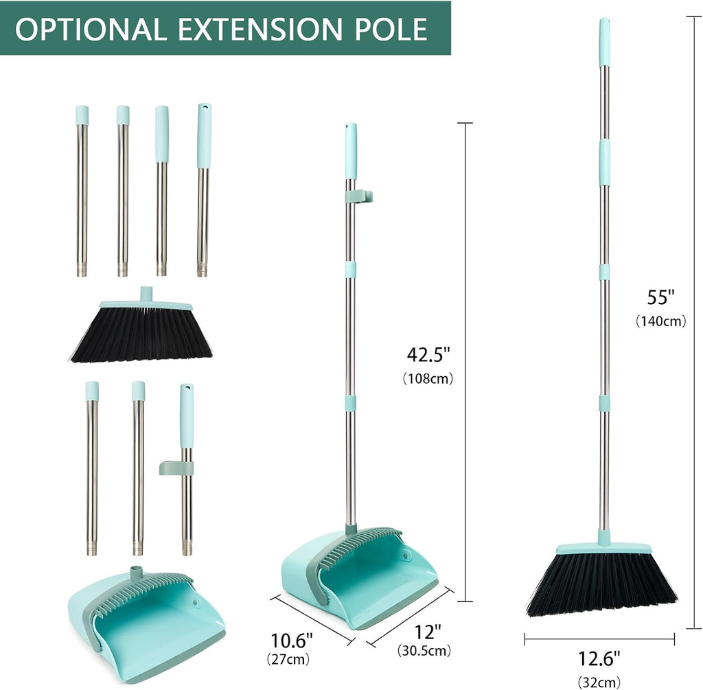 Broom and Dustpan Combo Set,55" Long Handle,Green