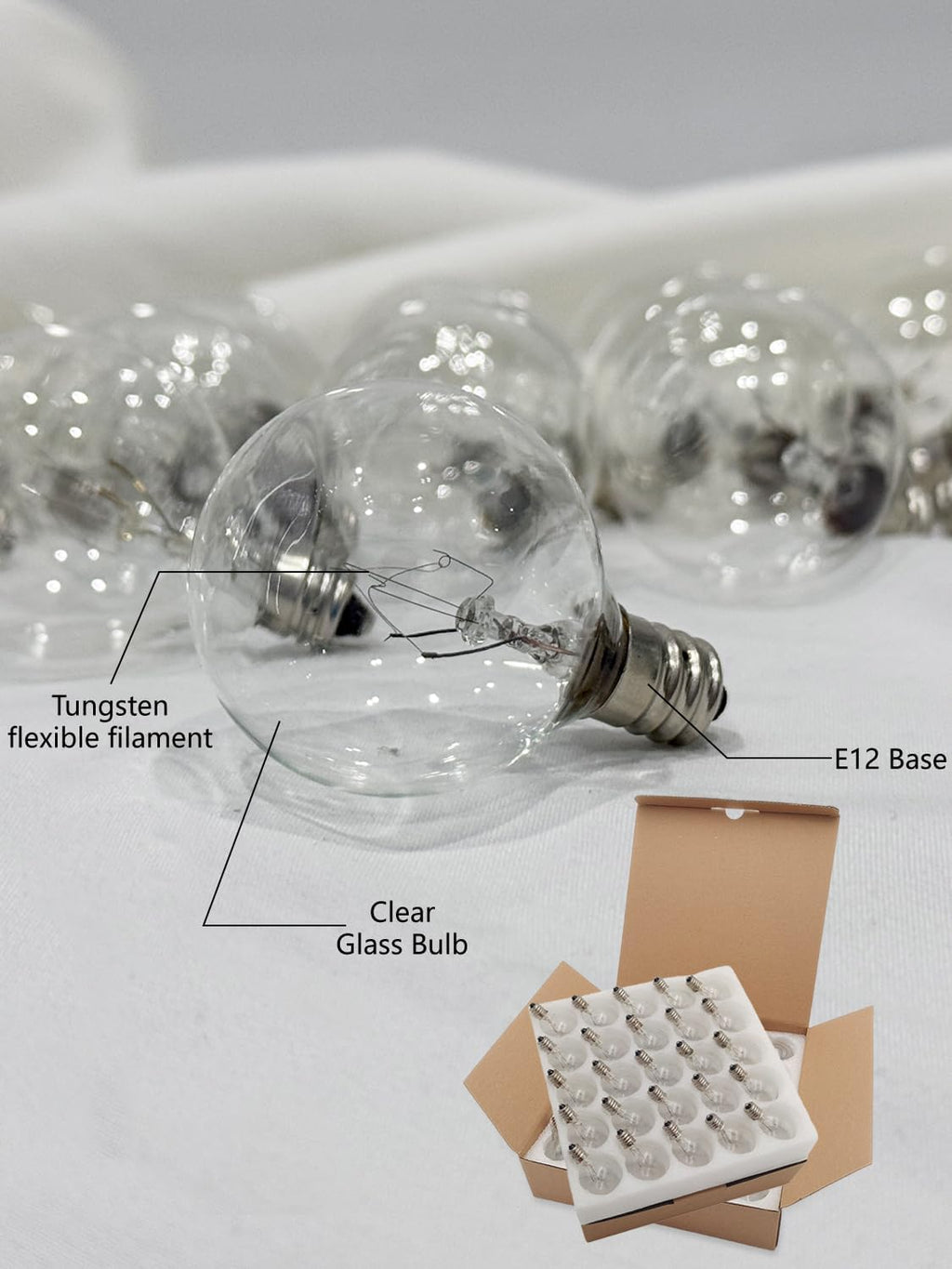 SUNSGNE G40 Replacement Light Bulbs, 5 Watt Clear Bulbs 1.5 Inch Globe Light Bulbs for Indoor Outdoor String Lights Replacement, Fits E12/C7 Screw Base Socket, 50 Pack