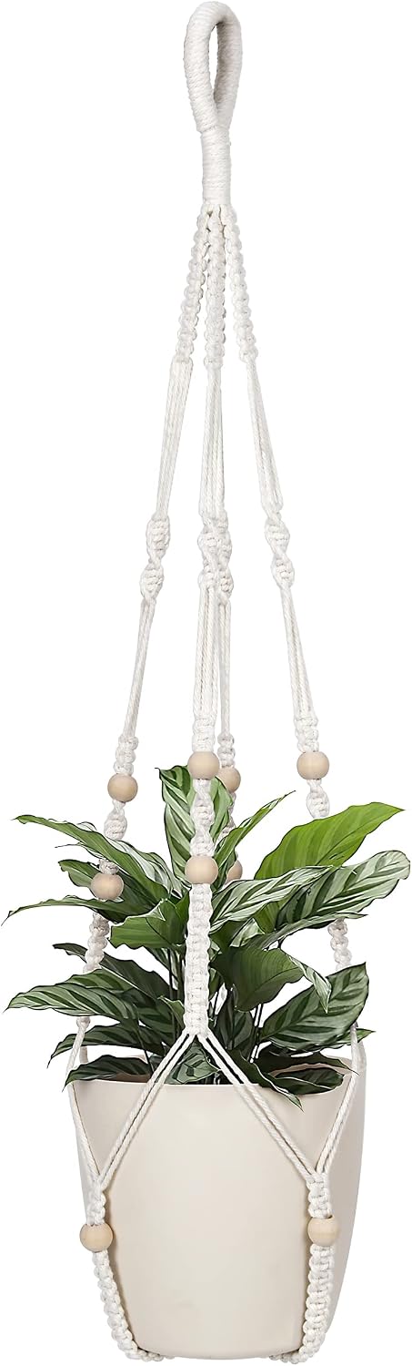 32inch Macrame Plant Holder,Indoor Hanging Planters with Wood Beads No Tassels Boho Home Decor (Ivory)