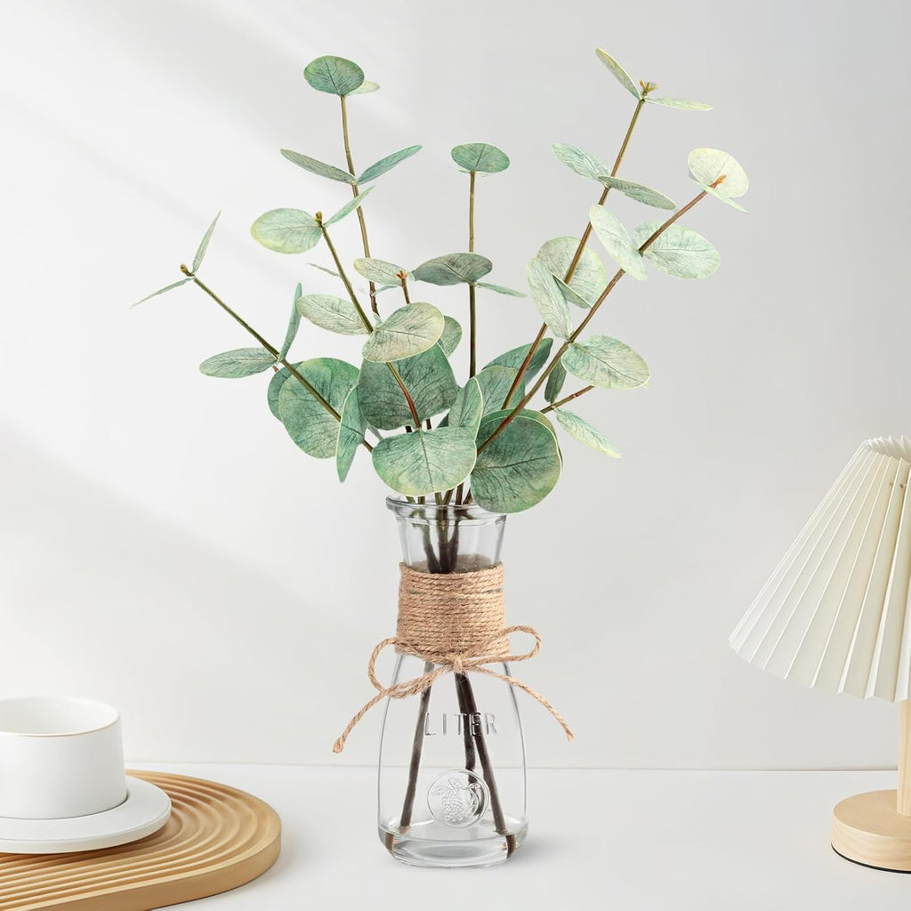 Artificial Eucalyptus Stems in Glass Vase with Faux Water, 15" Realistic Fake Plants for Bathroom Counter Decor, Small Faux Greenery for Coffee Table Centerpieces, Office Desk and Shelf Decor