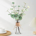 Artificial Eucalyptus Stems in Glass Vase with Faux Water, 15" Realistic Fake Plants for Bathroom Counter Decor, Small Faux Greenery for Coffee Table Centerpieces, Office Desk and Shelf Decor