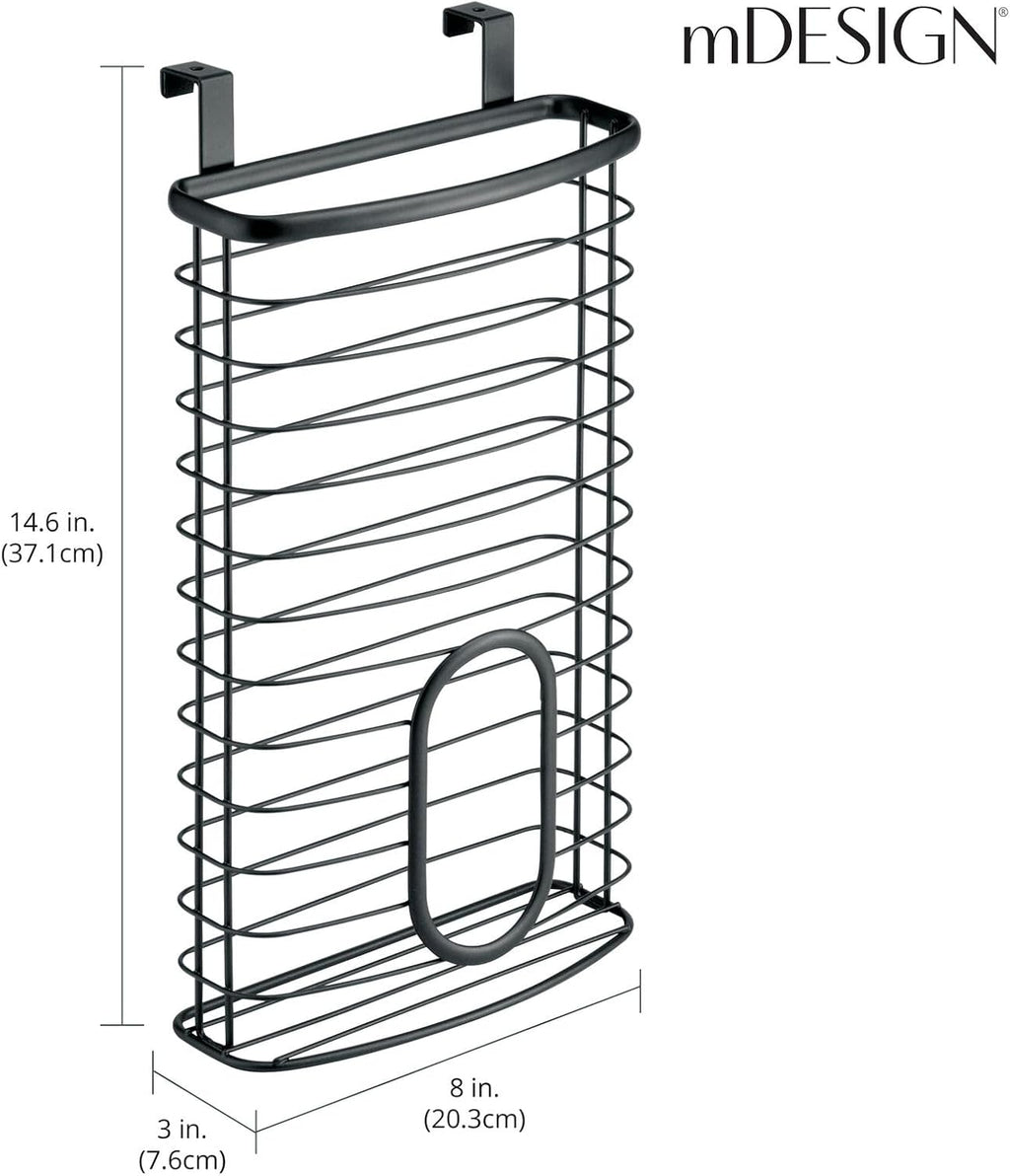 mDesign Steel Hanging Cabinet Storage Organizer Holder for Kitchen, Pantry - Holds Plastic, Sandwich, Garbage, Grocery and Trash Bags; Wrap, Foil, Pack - Spira Collection - Black