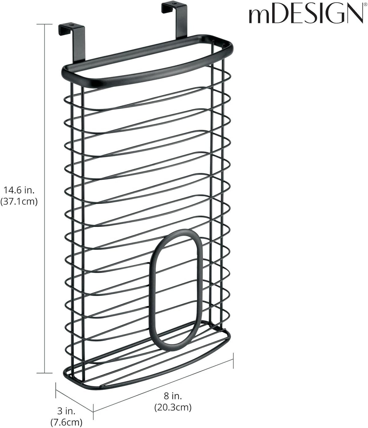 mDesign Steel Hanging Cabinet Storage Organizer Holder for Kitchen, Pantry - Holds Plastic, Sandwich, Garbage, Grocery and Trash Bags; Wrap, Foil, Pack - Spira Collection - Black