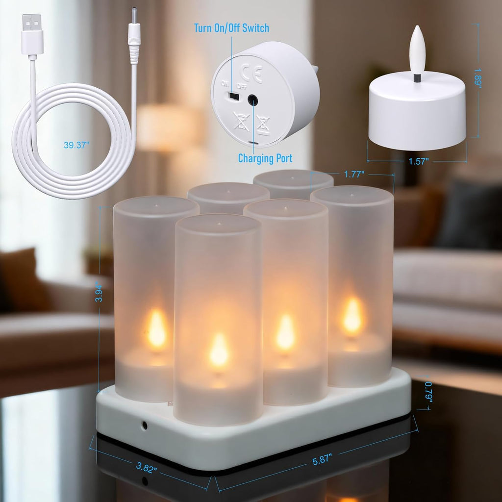 Flameless Tea Lights Candles with Charging Station,LED Tea Lights Candles with Remote Control Timer for Table Decorations,Valentine's Day,Home Decor,6-Pack with Frosted Plastic Candle Covers