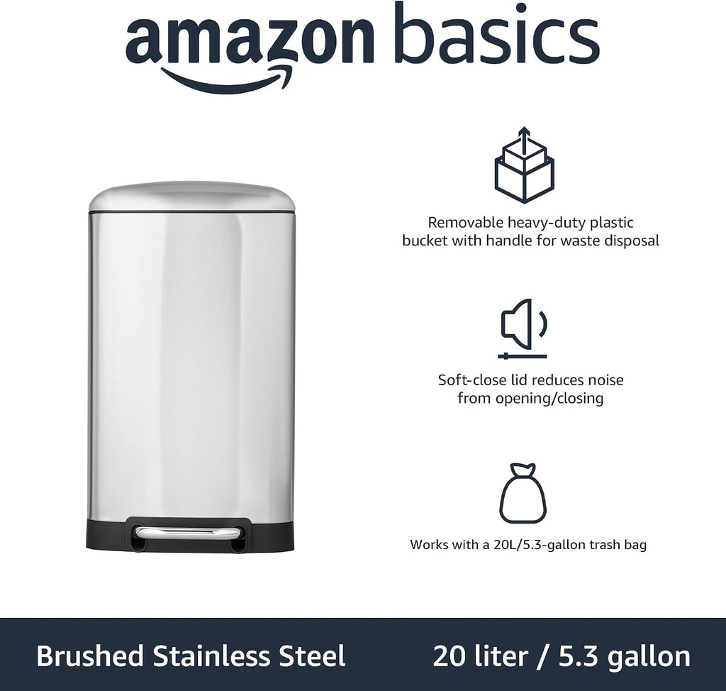 Amazon Basics Rectangular Small Trash Can with Soft-Close Step Pedal, Removable Inner Bucket, Hands-Free, Space-Saving, Smudge Resistant, 20l / 5.3 gallon, Nickel