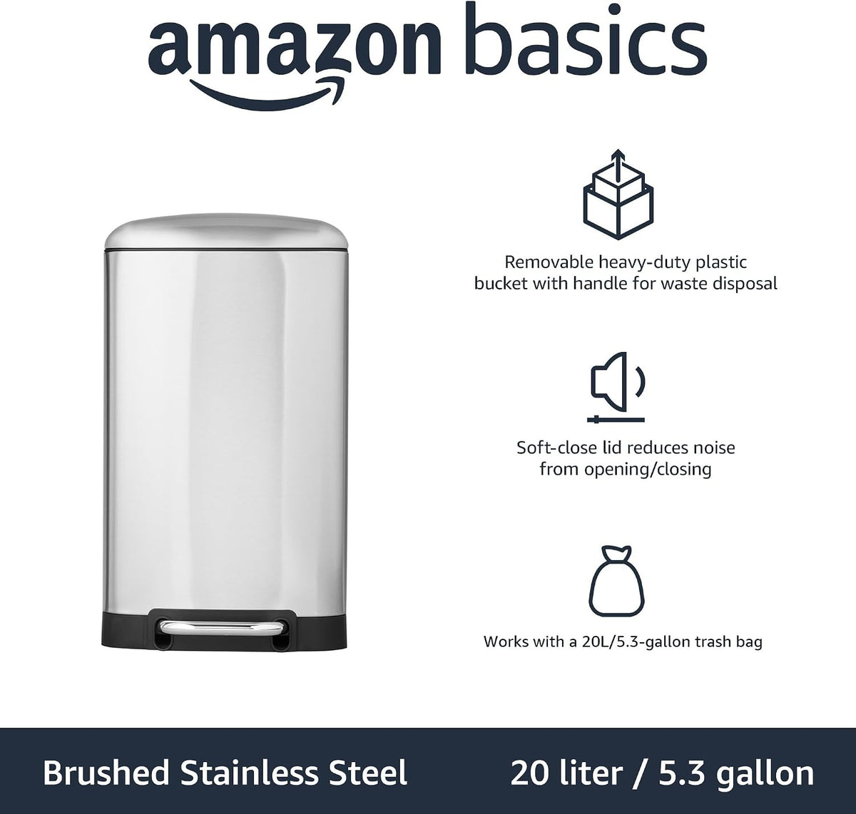 Amazon Basics Rectangular Small Trash Can with Soft-Close Step Pedal, Removable Inner Bucket, Hands-Free, Space-Saving, Smudge Resistant, 20l / 5.3 gallon, Nickel