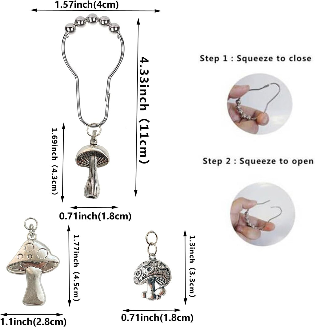 Mushroom Shower Curtain Hooks, 12Pcs Rustproof Metal Cute Retro Mushroom Shower Curtain Hooks Rings for Boho Fairy Forest Country Cottagecore Style Home Bathroom Decor (Silvery)