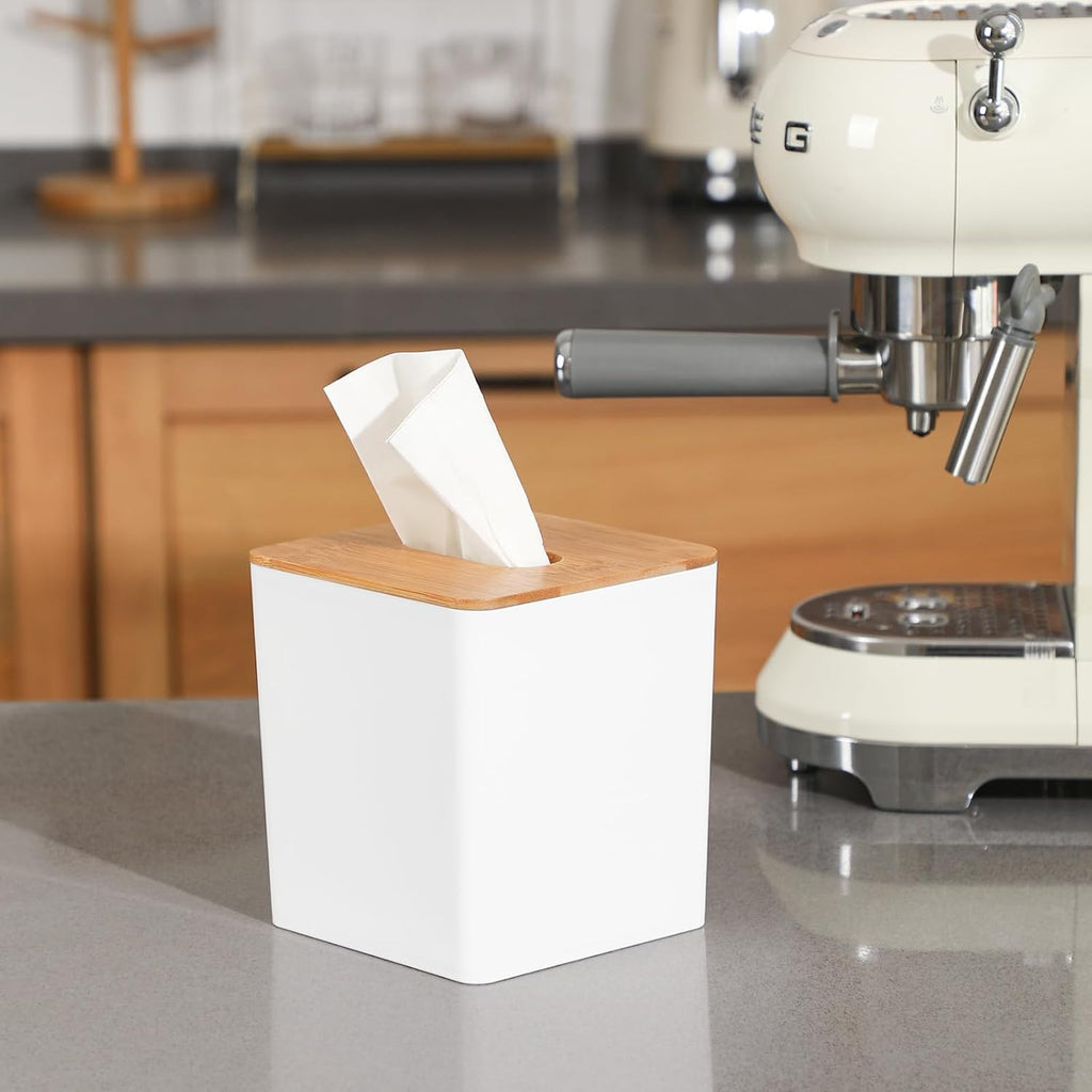 Tissue Box Cover Square, White, with Bamboo Lid, 1 Pack