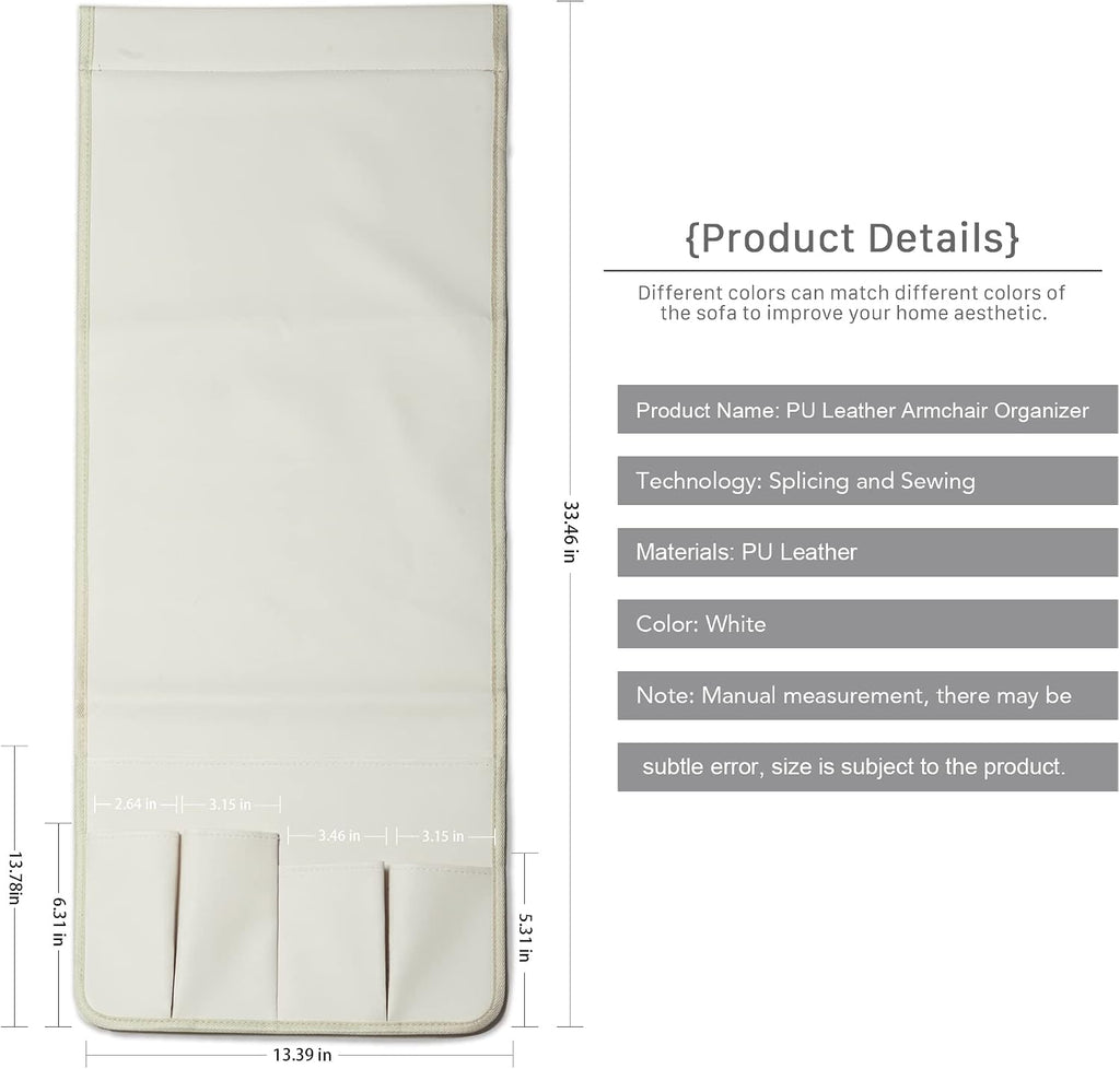 PU Leather Sofa Armrest Organizer, Armchair Magazine Holders, Waterproof Remote Holder for Recliner Couch with 1 Large Pocket, 4 Small Pockets for Magazine, Remote, Phone, Ipad, Books (white)