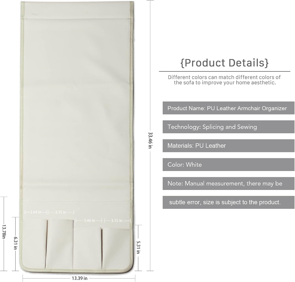 PU Leather Sofa Armrest Organizer, Armchair Magazine Holders, Waterproof Remote Holder for Recliner Couch with 1 Large Pocket, 4 Small Pockets for Magazine, Remote, Phone, Ipad, Books (white)