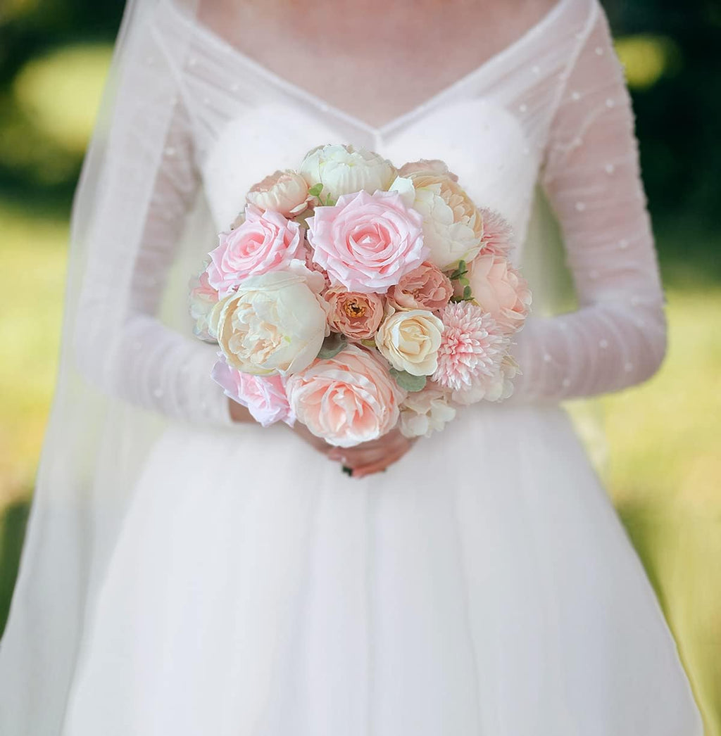 FACINOC Peonies Artificial Flowers Pink Silk Roses Blush Peony Bulk for DIY Wedding Bouquet Bridal Shower Decorations Fake Floral Arrangement Party Table Centerpieces Home Decor Indoor Peach Box 20pcs