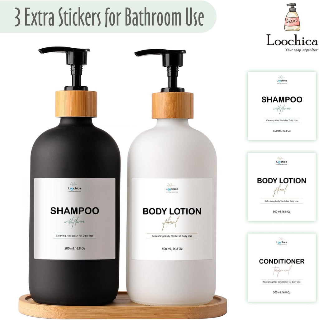 LOOCHICA 2 Pack Glass Soap Dispenser Set with Tray, Hand and Dish Glass Soap Dispensers for Kitchen Sink, Kitchen Soap Dispenser Set Suitable for Black and White Kitchen Decor