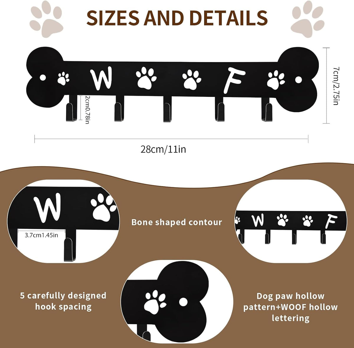 Dog Leash Holder for Wall Key Hooks Decorative, 5 Hooks 11×2.75 inch for Wall Decorative Animal Storage Rack Adhesive, Black Key Holder wall Mount for Entrance Living Room Kitchen-Dog Lovers Gifts