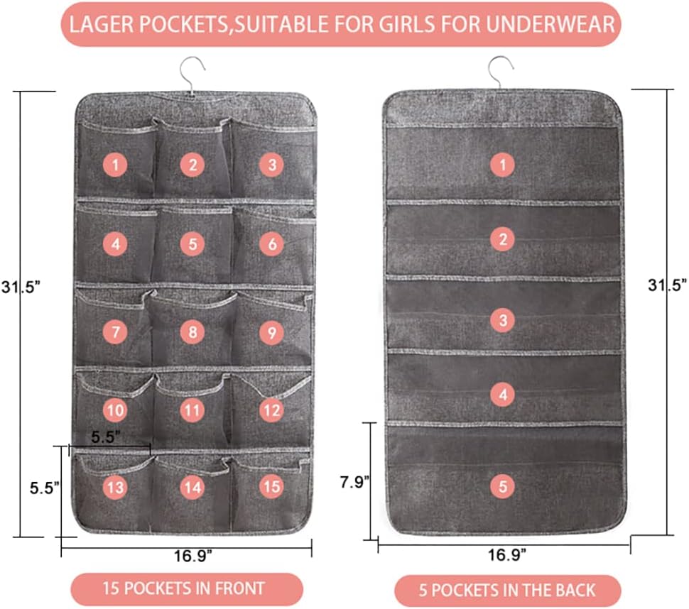 Bseash Enlarged Closet Hanging Bra Organizer with Rotating Metal Hanger, Dual Sided Wall Shelf Wardrobe Mesh Pockets Hanging Storage Bag for Bra Socks Underwear Underpants