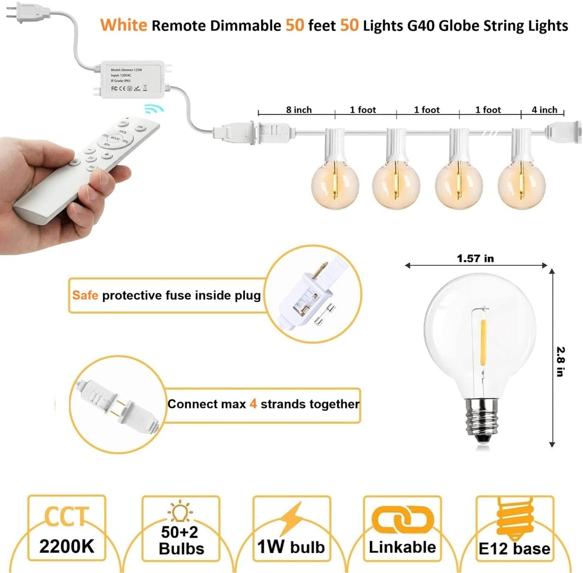 Remote Dimmable G40 White Outdoor String Lights, 50 FT, 50 Lights