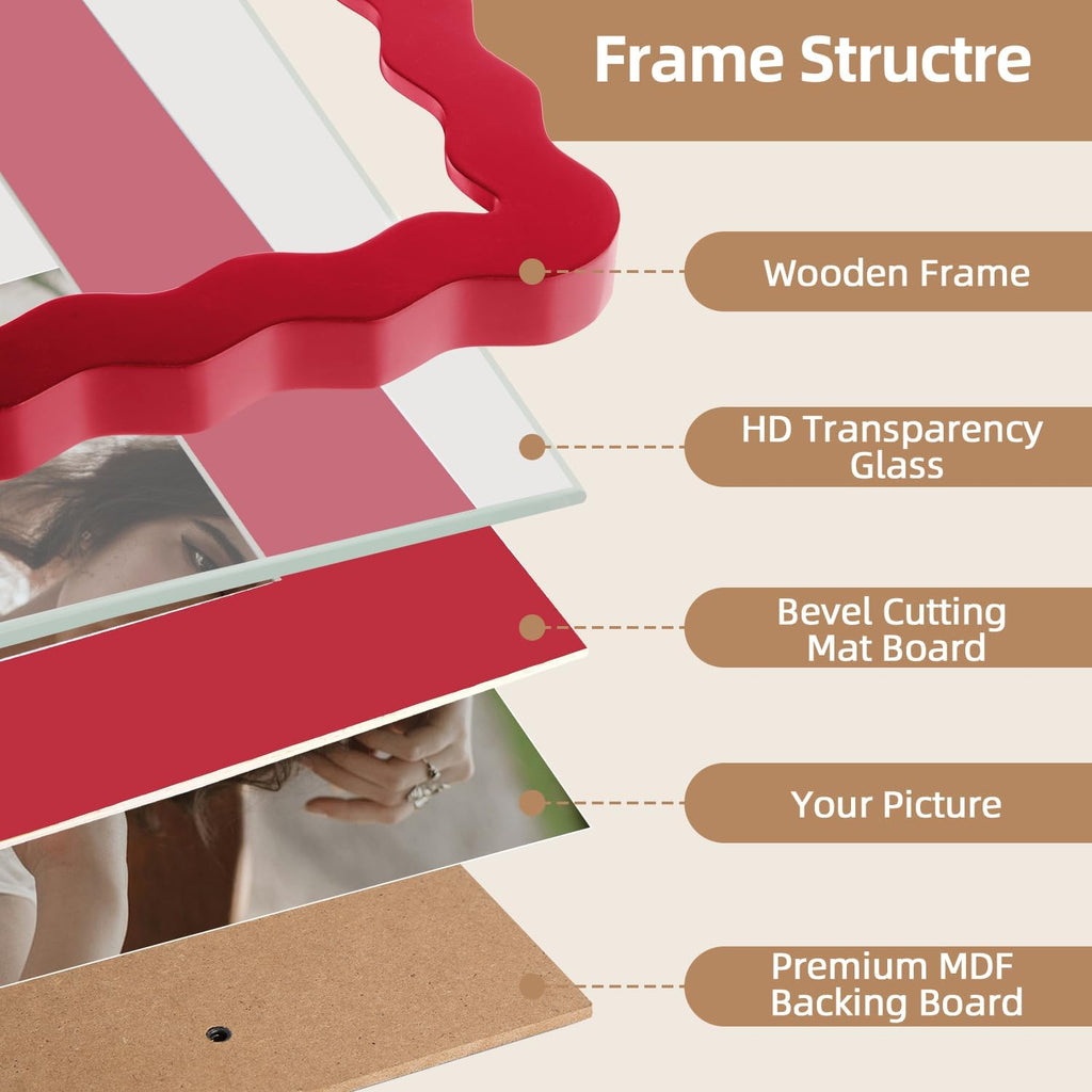 SNAPSHOT 8x10 Picture Frame with Mat for 5x7/6x8, Wooden Photo Frames with Real Glass for Wall Mount and Tabletop, Wavy Edge Red, 1 Pack