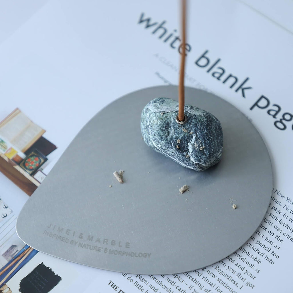 Marble Incense Stick Holder Handmade Irregular Stone and Steel Ash Catcher