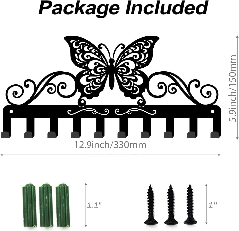 SUPERDANT Butterfly Metal Key Hook Curly Pattern Decorative 10 Hooks Black Key Hanger Organizer Wall Hanging Hooks Personalized Holder Rack Dog Leash Hanger for Home Wall Front Door 13x5.9in
