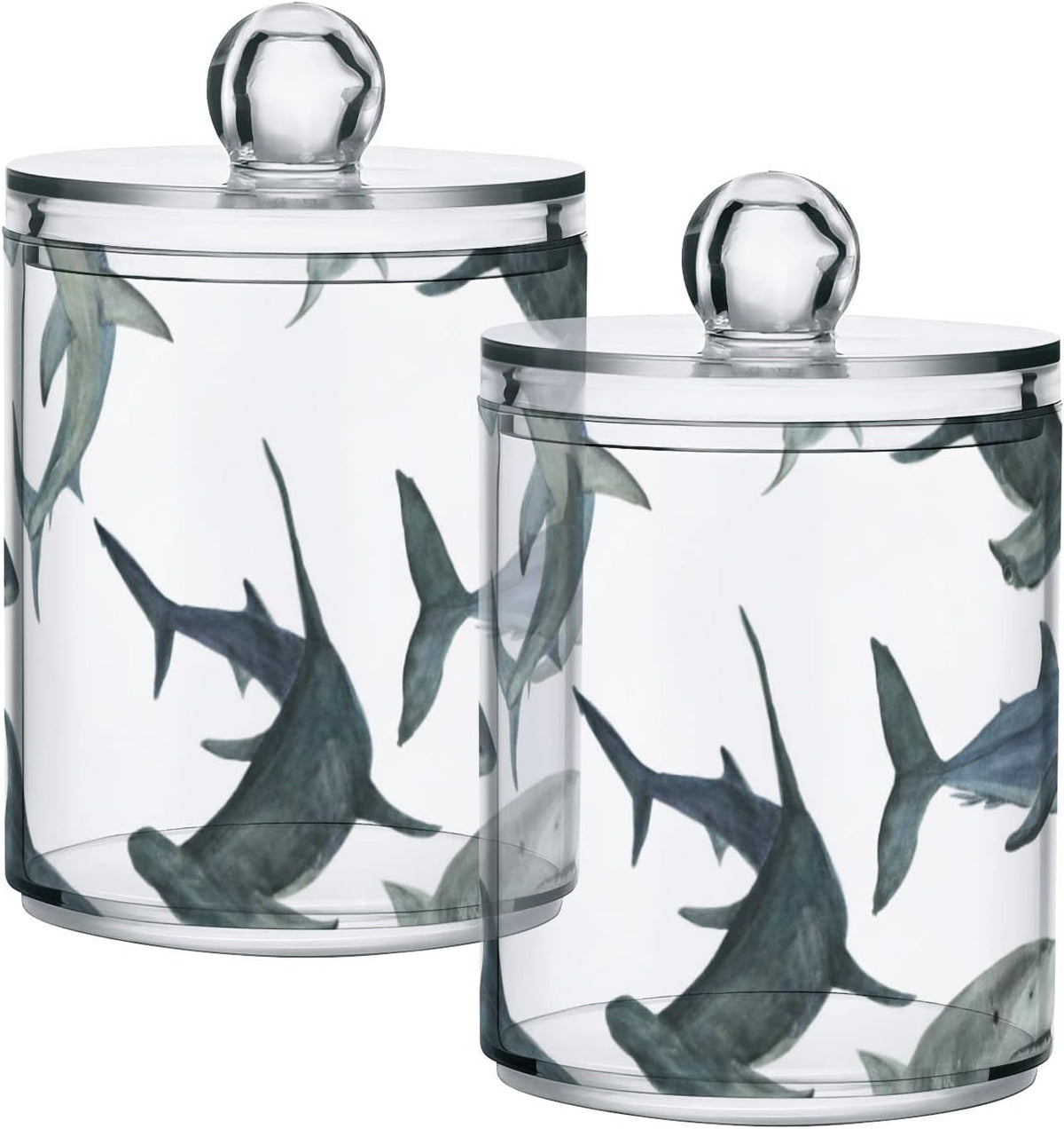 2 Pack Watercolor Sharks Apothecary Jars with Lid, Qtip Holder Storage Jars for Cotton Ball, Cotton Swab, Cotton Round Pads, Clear Plastic Canisters for Bathroom Vanity Organization (10 Oz)