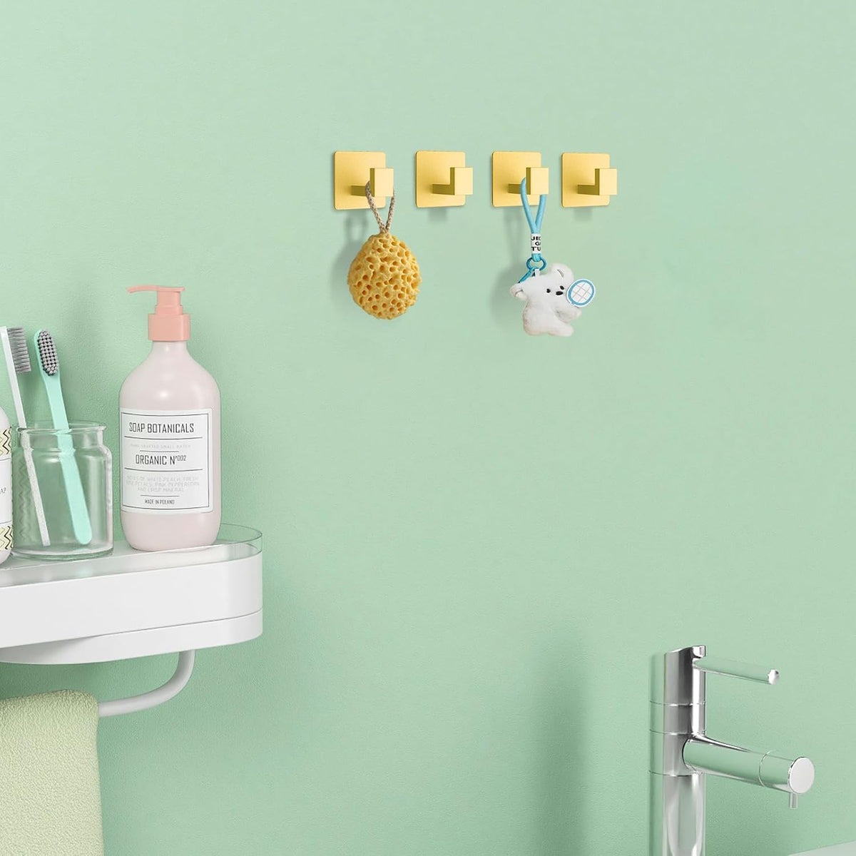 Gold 4 Pack Self Adhesive Wall Hooks,Stainless Steel Stick On Towel Hook,Sturdy No Drilling Robe Hook,Heavy Duty Clothes Hanger Hook,Square Wall Hooks for Bathroom Bedroom Kitchen