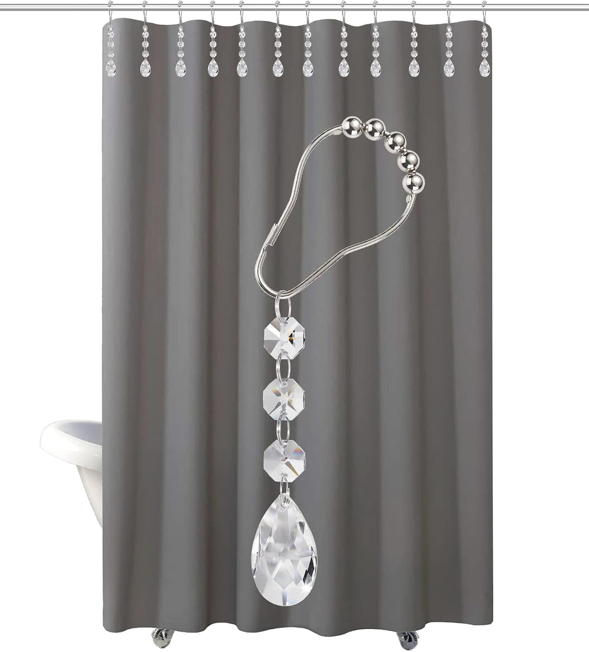 Shower Curtain Hooks Rings for Bathroom, 12PCS Gemstone Crystal Bead Water Drop Stainless Steel Rust Resistant Clear Shower Curtain Rings (Clear)