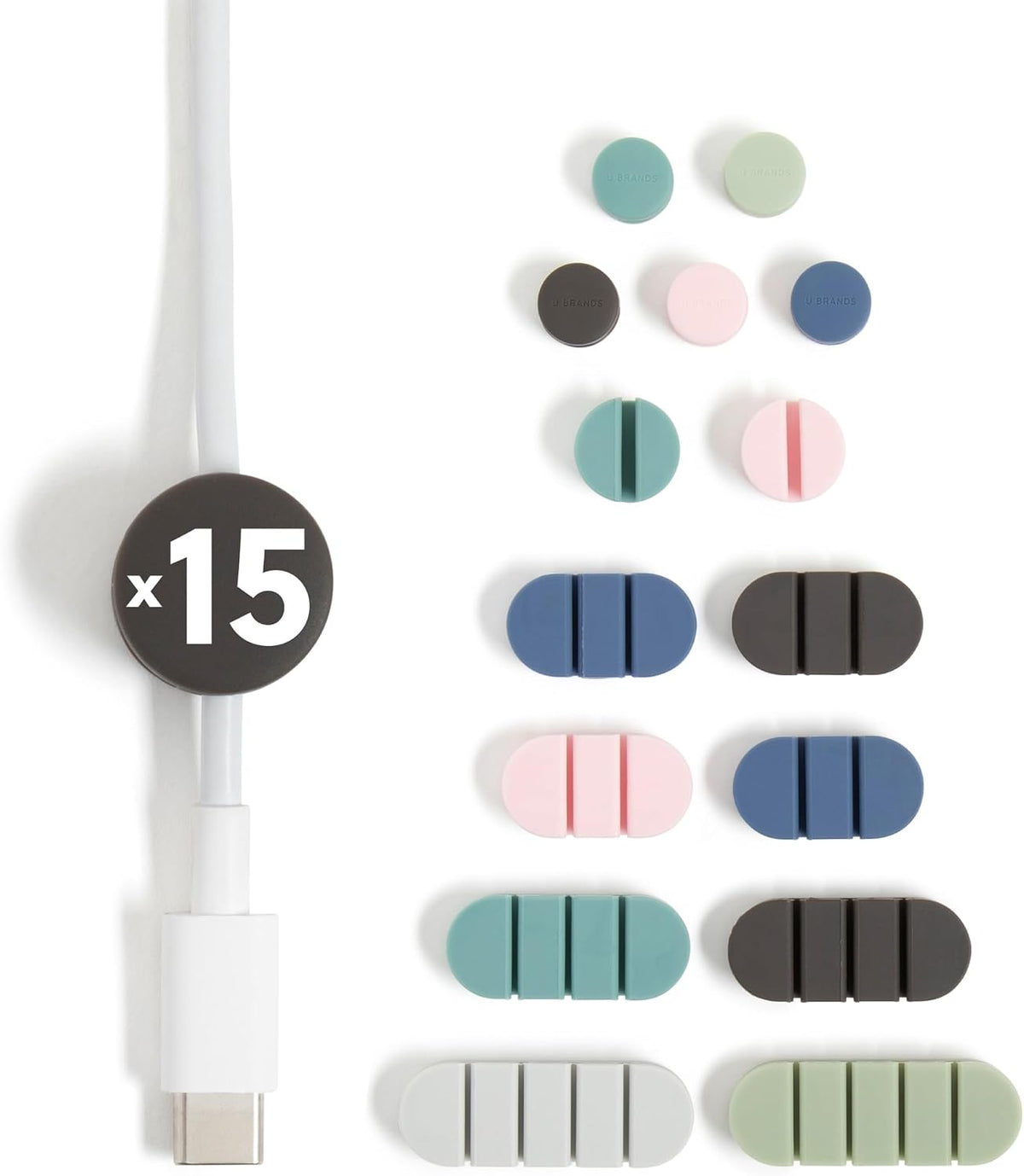 U Brands Adhesive Cord Organizers, Set of 15 Cable Clips, Assorted Colors