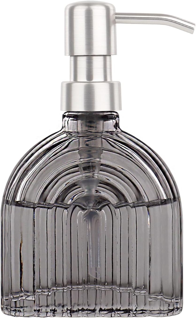 Glass Soap Dispenser for Kitchen and Bathroom Contertop Wash Hand Liquid, Dish Detergent, Farmhouse Style Shampoo Lotion Pump (1, Grey Glass with Silver)